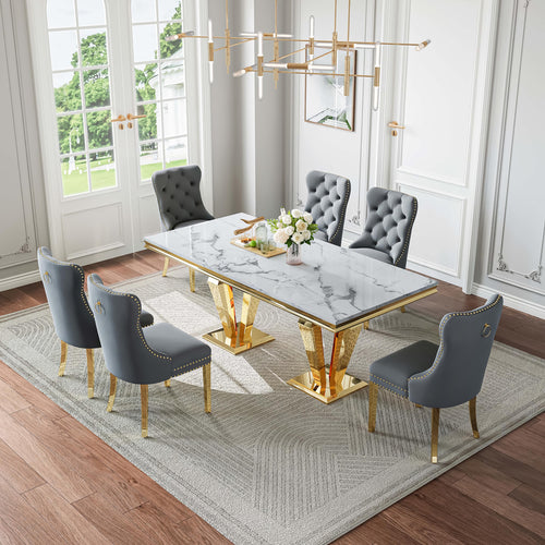 DT023GMW 7-Piece MDF Dining Set + 6 Grey Velvet Chairs (Gold)