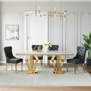 DT023GMW 7-Piece MDF Dining Set + 6 Black Velvet Chairs (Gold)