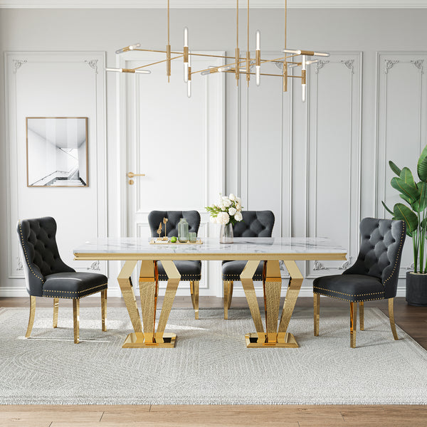 DT023GMW 7-Piece MDF Dining Set + 6 Black Velvet Chairs (Gold)