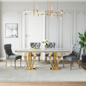 DT023GMW 7-Piece MDF Dining Set + 6 Grey Velvet Chairs (Gold)