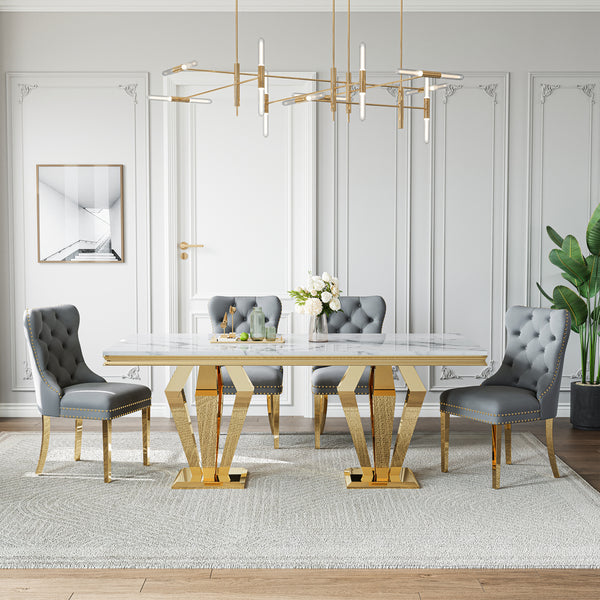 DT023GMW 7-Piece MDF Dining Set + 6 Grey Velvet Chairs (Gold)