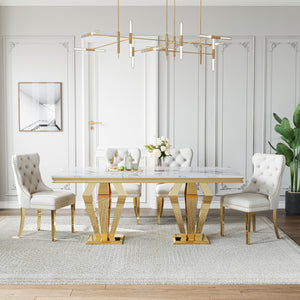 DT023GMW 7-Piece MDF Dining Set + 6 White Velvet Chairs (Gold)