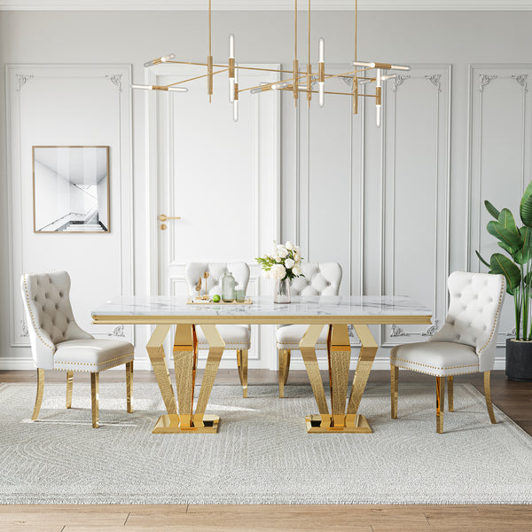 DT023GMW 7-Piece MDF Dining Set + 6 White Velvet Chairs (Gold)
