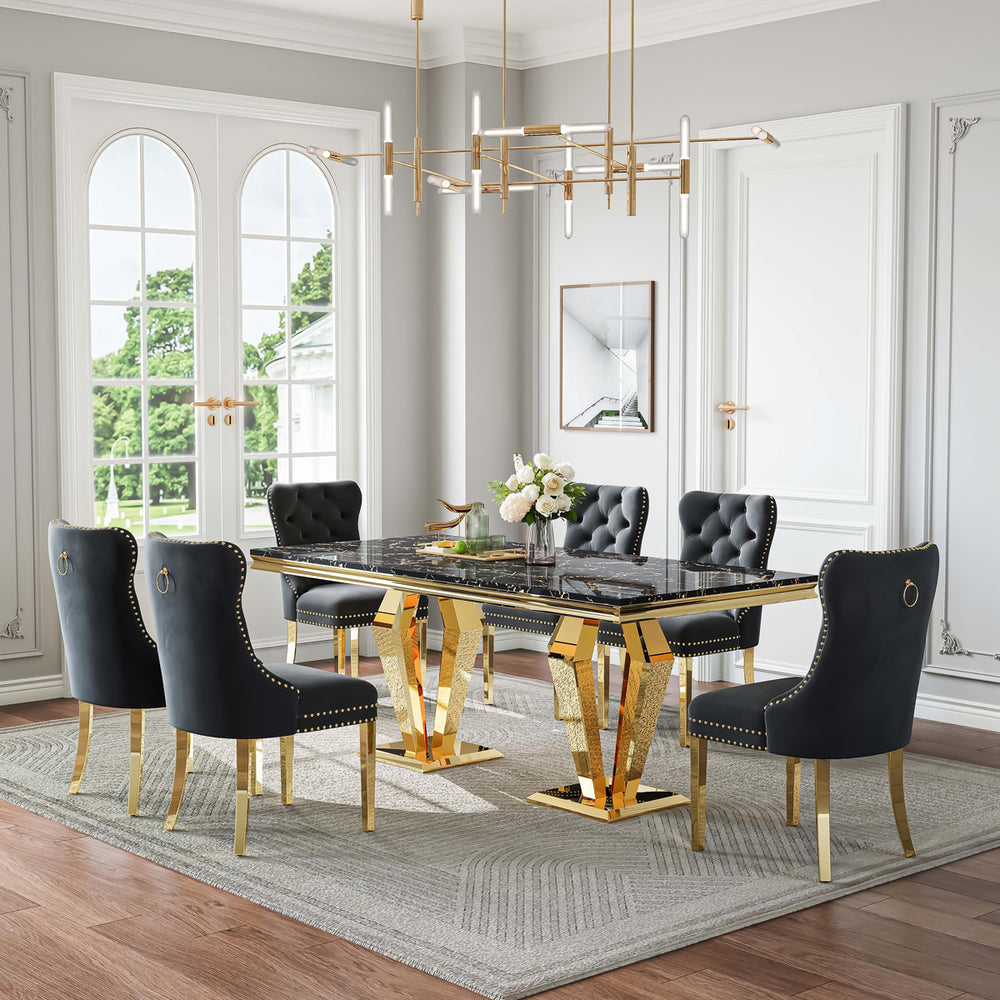 DT023GMB 7-Piece MDF Dining Set + 6 Black Velvet Chairs (Gold)