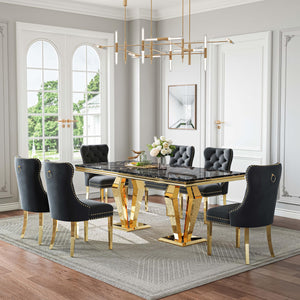 DT023GMB 7-Piece MDF Dining Set + 6 Black Velvet Chairs (Gold)