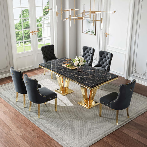 DT023GMB 7-Piece MDF Dining Set + 6 Black Velvet Chairs (Gold)