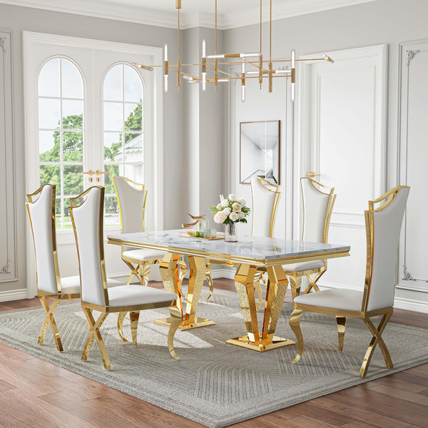 DT023GMW 7-Piece MDF Dining Set + 6 White PU Chairs (Gold)