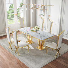 DT023GMW 7-Piece MDF Dining Set + 6 White PU Chairs (Gold)