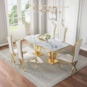 DT023GMW 7-Piece MDF Dining Set + 6 White PU Chairs (Gold)