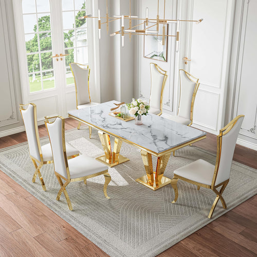 DT023GMW 7-Piece MDF Dining Set + 6 White PU Chairs (Gold)
