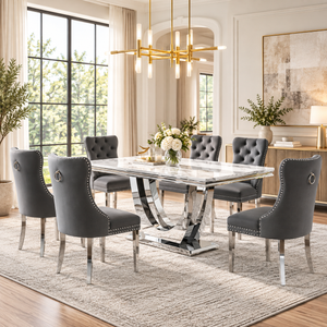 69 Inch 7 Piece U Shaped Pedestal Dining Set with Gray Velvet Chairs Silver Base - Zemorn