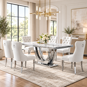 69 Inch MDF Dining Set, 7 Piece, Seats 6 White Velvet Chairs Silver Base - Zemorn