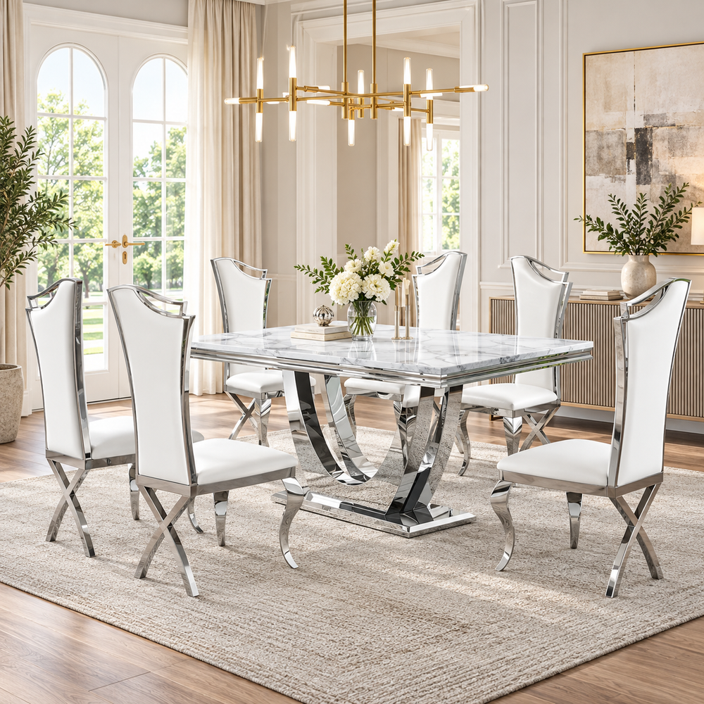 69 Inch 7 Piece U Shaped Pedestal Dining Set with Extra Tall White Faux Leather Chairs - Zemorn