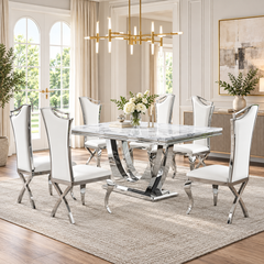 69 Inch 7 Piece U Shaped Pedestal Dining Set with Extra Tall White Faux Leather Chairs - Zemorn