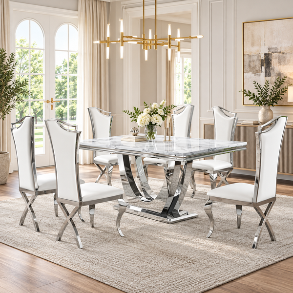 69 Inch 7 Piece U Shaped Pedestal Dining Set with Extra Tall White Faux Leather Chairs - Zemorn