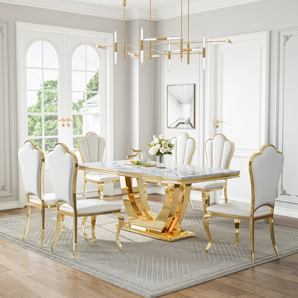 DT024GMW 7-Piece MDF Dining Set + 6 White Velvet Chairs (Gold)