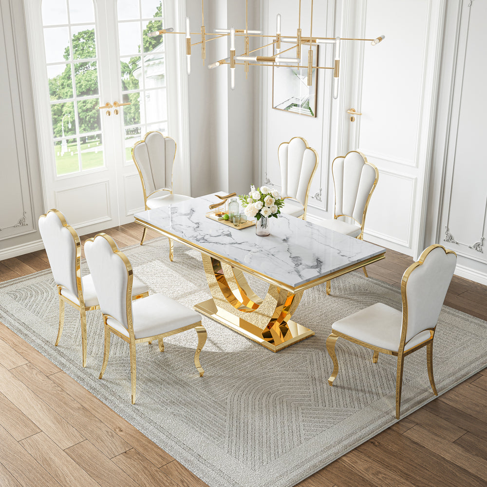 DT024GMW 7-Piece MDF Dining Set + 6 White Velvet Chairs (Gold)