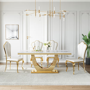 DT024GMW 7-Piece MDF Dining Set + 6 White Velvet Chairs (Gold)
