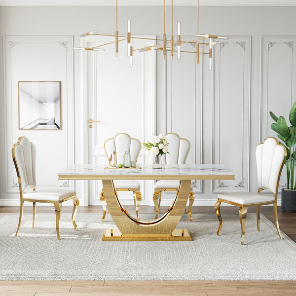 DT024GMW 7-Piece MDF Dining Set + 6 White Velvet Chairs (Gold)