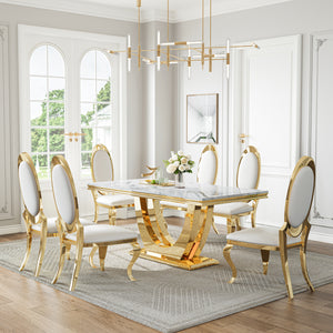DT024GMW 7-Piece MDF Dining Set + 6 White Velvet Chairs (Gold)