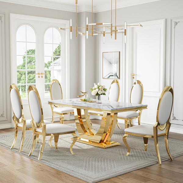 DT024GMW 7-Piece MDF Dining Set + 6 White Velvet Chairs (Gold)