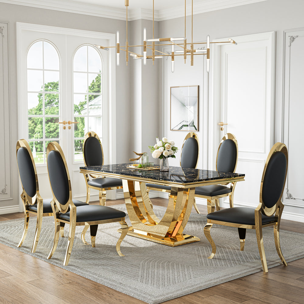 DT024GMB 7-Piece MDF Dining Set + 6 Black Velvet Chairs (Gold)