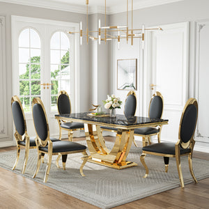 DT024GMB 7-Piece MDF Dining Set + 6 Black Velvet Chairs (Gold)