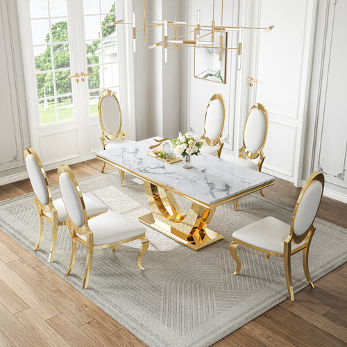 DT024GMW 7-Piece MDF Dining Set + 6 White Velvet Chairs (Gold)