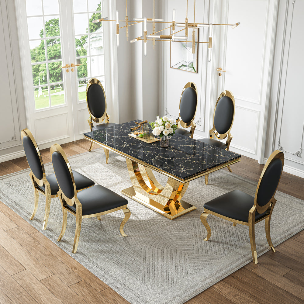 DT024GMB 7-Piece MDF Dining Set + 6 Black Velvet Chairs (Gold)