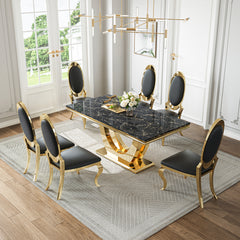DT024GMB 7-Piece MDF Dining Set + 6 Black Velvet Chairs (Gold)