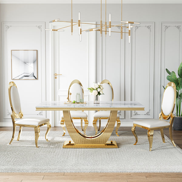 DT024GMW 7-Piece MDF Dining Set + 6 White Velvet Chairs (Gold)