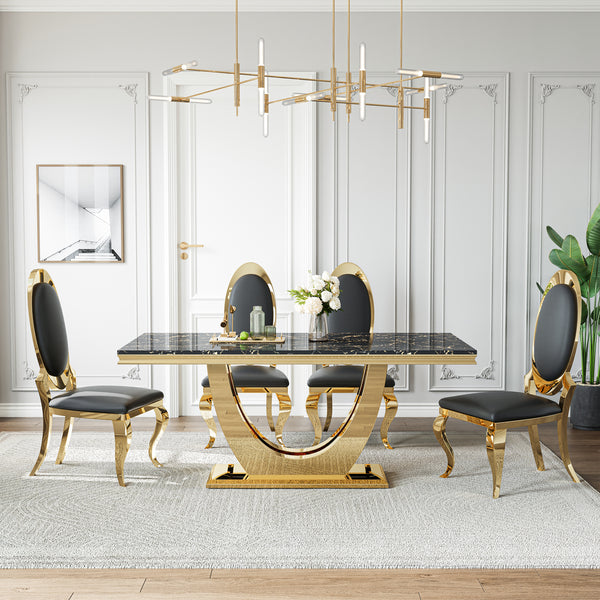 DT024GMB 7-Piece MDF Dining Set + 6 Black Velvet Chairs (Gold)