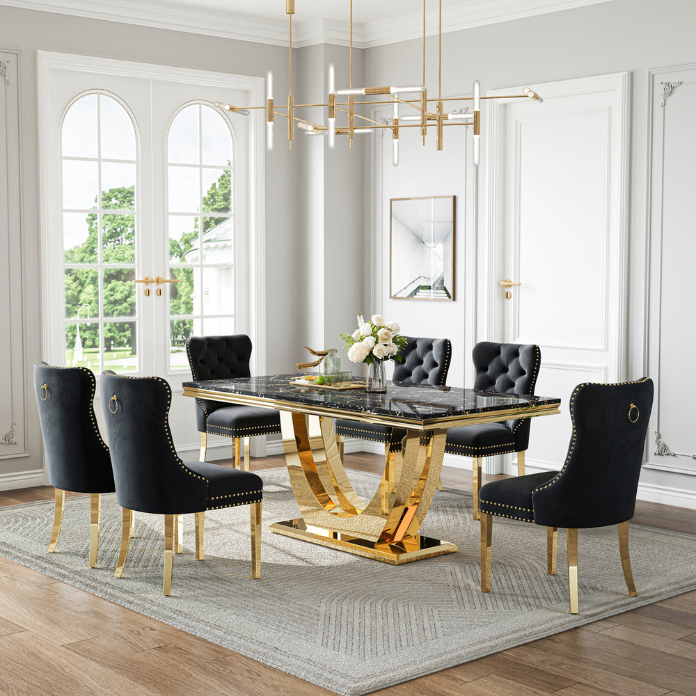 DT024GMB 7-Piece MDF Dining Set + 6 Black Velvet Chairs (Gold)