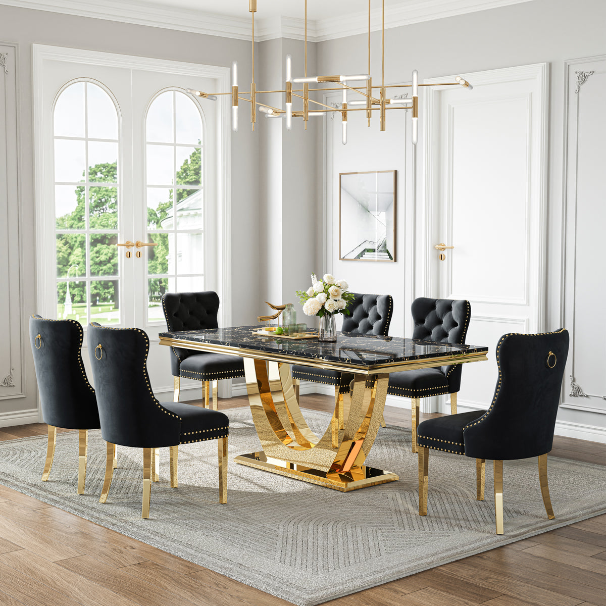 DT024GMB 7-Piece MDF Dining Set + 6 Black Velvet Chairs (Gold)