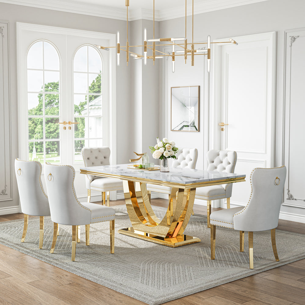 DT024GMW 7-Piece MDF Dining Set + 6 White Velvet Chairs (Gold)