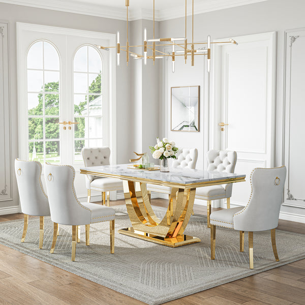 DT024GMW 7-Piece MDF Dining Set + 6 White Velvet Chairs (Gold)