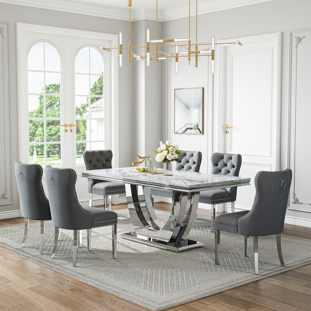 DT024SMW 7-Piece MDF Dining Set + 6 Grey Velvet Chairs (Silver)