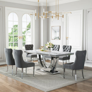 DT024SMW 7-Piece MDF Dining Set + 6 Grey Velvet Chairs (Silver)