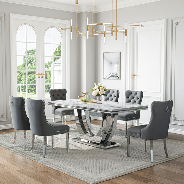 DT024SMW 7-Piece MDF Dining Set + 6 Grey Velvet Chairs (Silver)
