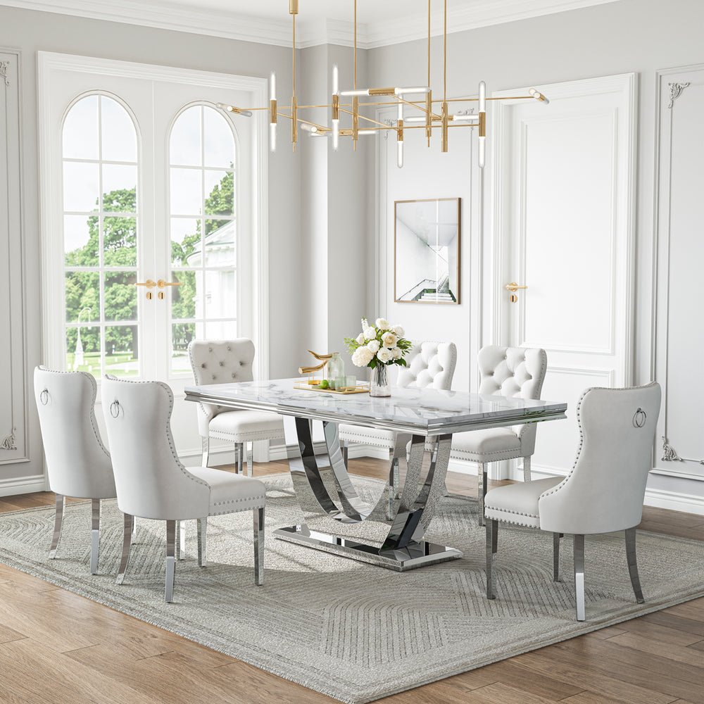 DT024SMW 7-Piece MDF Dining Set + 6 White Velvet Chairs (Silver)