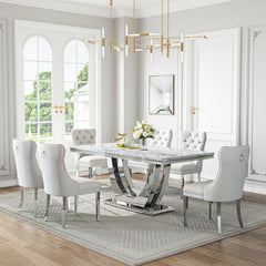 DT024SMW 7-Piece MDF Dining Set + 6 White Velvet Chairs (Silver)