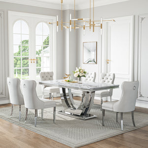 DT024SMW 7-Piece MDF Dining Set + 6 White Velvet Chairs (Silver)
