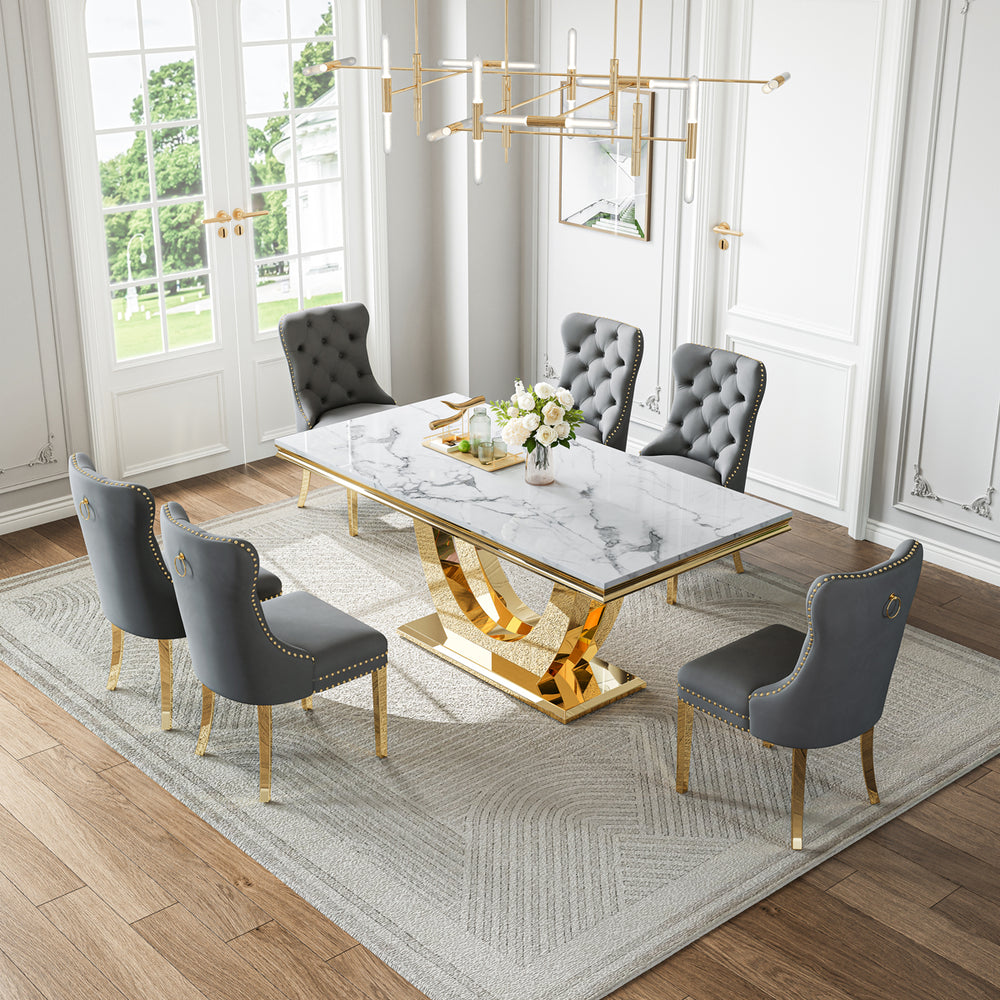 DT024GMW 7-Piece MDF Dining Set + 6 Grey Velvet Chairs (Gold)