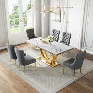 DT024GMW 7-Piece MDF Dining Set + 6 Grey Velvet Chairs (Gold)