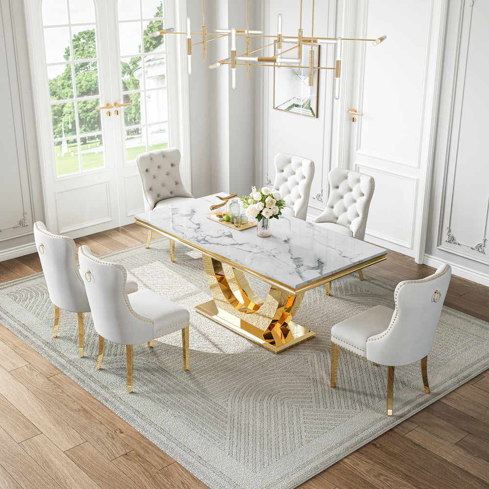 DT024GMW 7-Piece MDF Dining Set + 6 White Velvet Chairs (Gold)