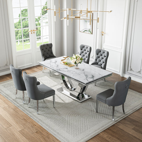 DT024SMW 7-Piece MDF Dining Set + 6 Grey Velvet Chairs (Silver)