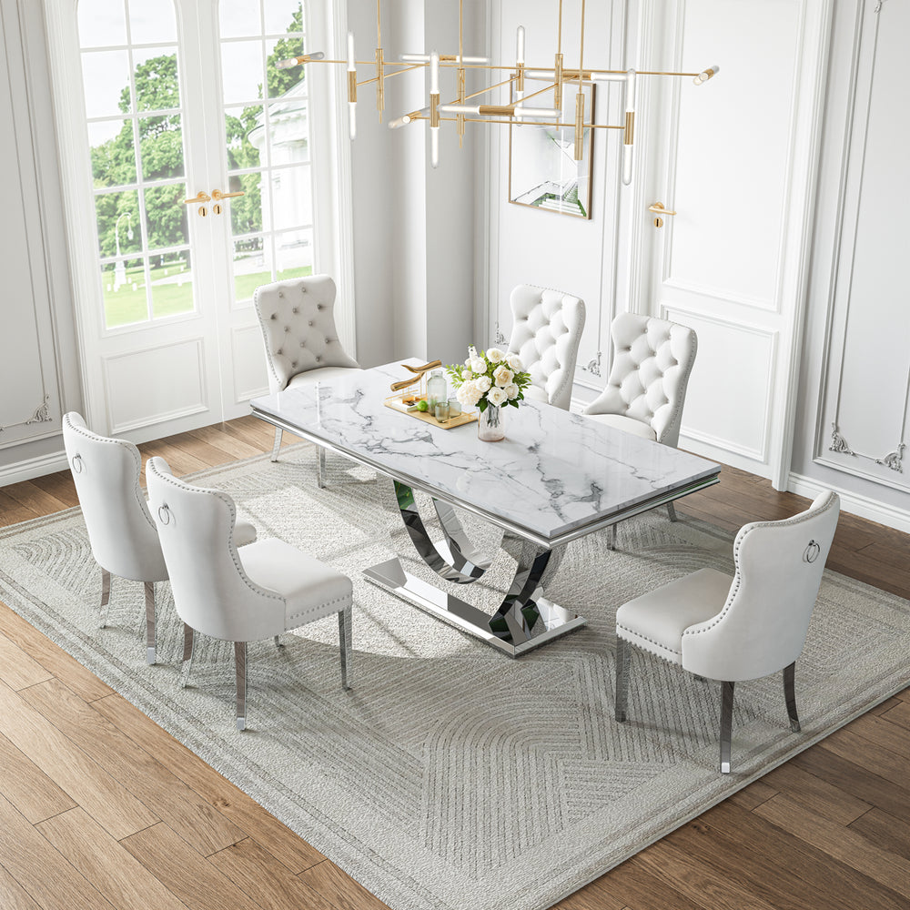 DT024SMW 7-Piece MDF Dining Set + 6 White Velvet Chairs (Silver)