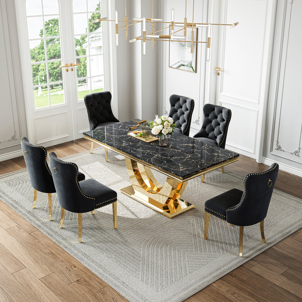 DT024GMB 7-Piece MDF Dining Set + 6 Black Velvet Chairs (Gold)