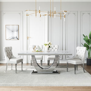 DT024SMW 7-Piece MDF Dining Set + 6 White Velvet Chairs (Silver)
