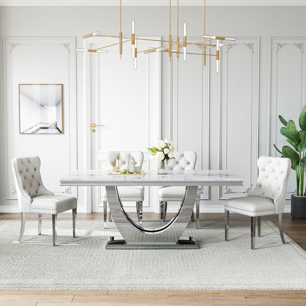 DT024SMW 7-Piece MDF Dining Set + 6 White Velvet Chairs (Silver)